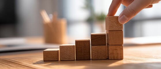 The Wooden Blocks Representing Business Growth With A Hand Placing The Final Cube