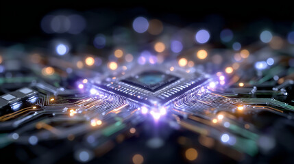 Obraz premium Digital Core: An intricate close-up of a computer chip glows with vibrant light, showcasing the complex circuitry that powers the digital world.