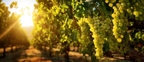 The Grapes Hanging in a Sunlit Vineyard During Golden Hour and Warm Light