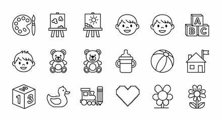 Children s Icons Set Baby Toys Art Supplies Education and Childhood Fun Vector Graphics for Design Projects