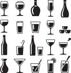 Collection of assorted alcoholic and non alcoholic drinkware and bottles