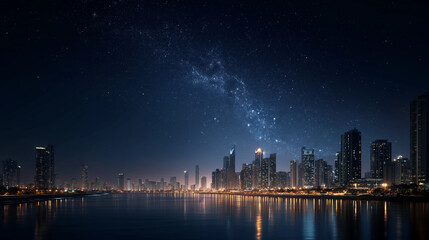 Fototapeta premium Night Skyline Under a Starry Sky: A breathtaking cityscape comes alive under the mesmerizing blanket of stars, its illuminated buildings reflecting gracefully in the tranquil waters below.