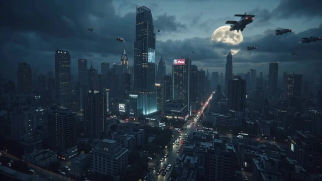 Futuristic Cityscape at Night Dystopian Urban Future with Flying Vehicles