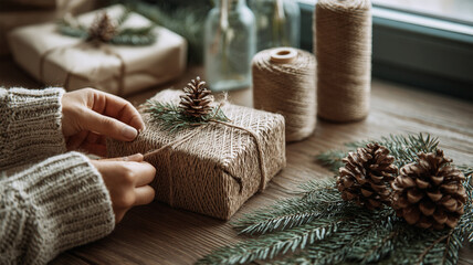 Unrecognizable female tying knot christmas gift in craft paper. New Year decor background. Wintertime handcraft. Preparation for celebration xmas. Family surprises Hand-on activity   co friendly 