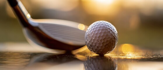 The Golf Ball and Club Head Reflecting Warm Sunset Light on Wet Course Surface