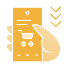 Yellow icon of a hand holding a smartphone with a shopping cart graphic and three downward arrows