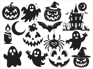 Halloween Icons Set Pumpkins Ghosts Bats And Castle