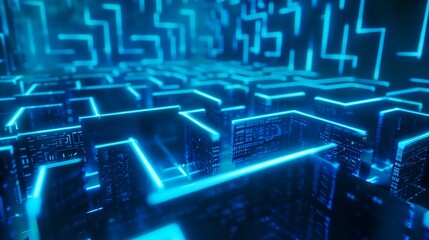 Futuristic holographic maze glowing in blue neon, digital sci-fi atmosphere.