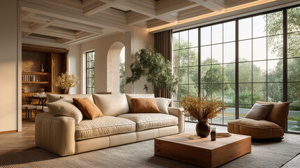 Fototapeta premium Elegant Living Space: An inviting and stylish interior, designed for relaxation and modern comfort, features natural light, contemporary furnishings.