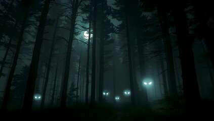 Obraz premium Haunted Dark Forest at Night with Mysterious Glowing Red Eyes Hidden in the Trees and Fog