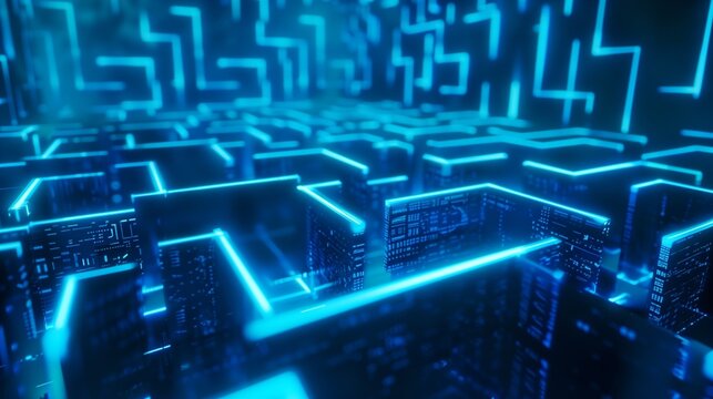Futuristic holographic maze glowing in blue neon, digital sci-fi atmosphere.