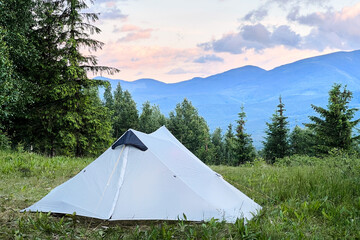 White tourist tent on grassy clearing, surrounded by lush trees with distant blue mountains under...