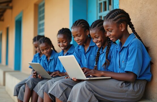 Group of African schoolgirls in blue uniforms sit together learning on laptops in outdoor corridor. They smile as they engage with technology, representing digital education and future opportunities. - Powered by Adobe