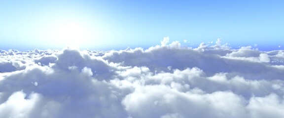 Clouds, cloudscape panorama, sunset in clouds, flight above clouds, 3D rendering
