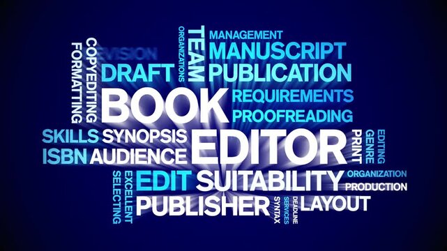 Book Editor animated word cloud-text design animation tag kinetic typography seamless loop.