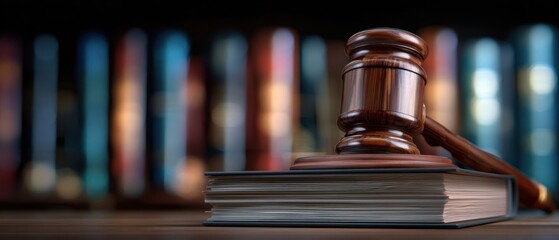 The Gavel Resting on Legal Books with Blurred Law Library Background