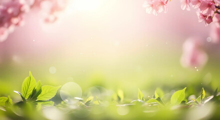 Fototapeta premium Soft light on green leaves with pink blossoms above frame