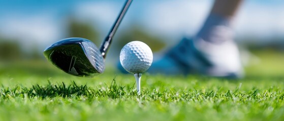 The golf ball on a tee with driver poised for powerful tee shot