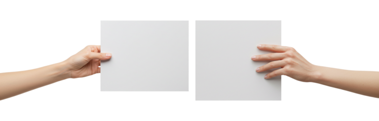 Two hands holding blank white cards, perfect for showcasing your creative message and design concepts.