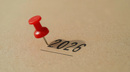 Red pushpin marks the year 2026 on a textured surface symbolizing future planning and important dates