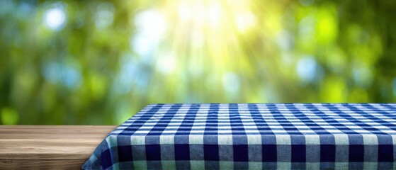 The Table with Blue Checkered Tablecloth on Wooden Surface in Sunny Outdoor Garden