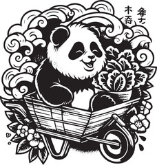 Charming Panda in Wheelbarrow with Flowers and Clouds: A Whimsical Black and White Illustration