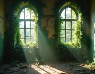 Obraz premium Sunlight streams through arched windows of an abandoned room. Green vines cover walls, embracing nature reclamation. The scene creates a feeling of mystery and forgotten beauty.