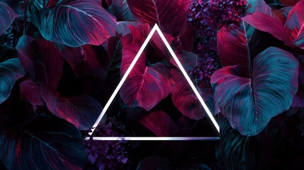 Dramatic neon lit botanical background with leaves and a triangle shape, concept for product showcase, science fiction art and futuristic designs