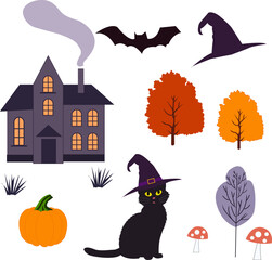 Halloween set with a cat, hat, pumpkin