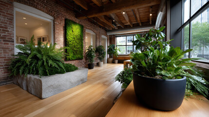 This image captures a modern urban interior enriched with thriving plants, reflecting a blend of nature and contemporary design in a stylish indoor space.