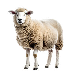 Large White Sheep standing still, a majestic domestic farm animal with thick wool, highly isolated against a Transparent Background