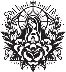 Intricate Black and White Illustration of the Virgin Mary with Floral and Religious Symbolism