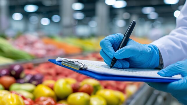 Gloved hand writing on clipboard in supermarket produce section with fresh vegetables and fruits. Concept for food safety inspection, grocery store management and quality control analysis