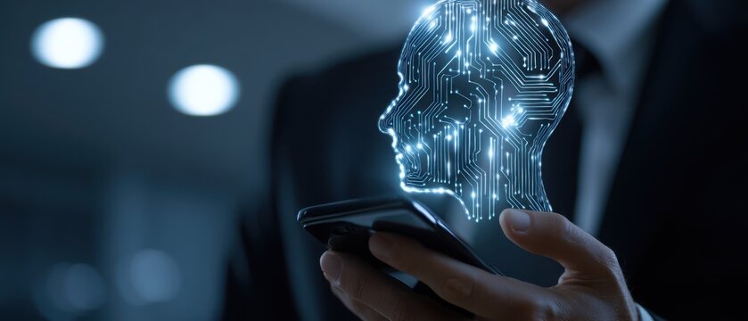 The digital head hologram emerging from a smartphone held by a businessman in suit - Powered by Adobe