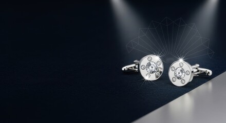 Elegant silver cufflinks with diamonds on a dark background with spotlights