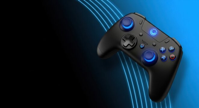 Modern black gamepad controller with blue lights on a blue and black background