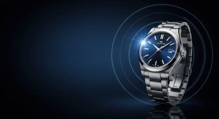 Elegant stainless steel watch with blue dial on a dark blue background