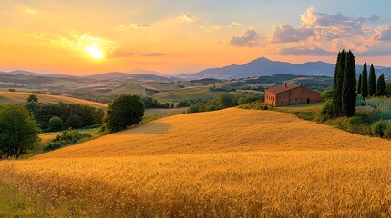 Obraz premium Sunset over Tuscan countryside with farmhouse and golden wheat field.