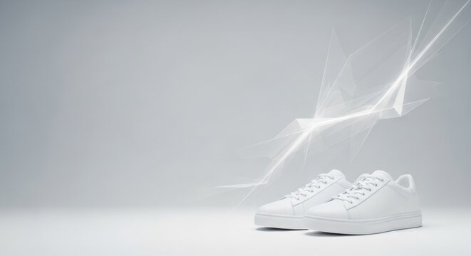 Pair of white sneakers isolated on white background with abstract light effect