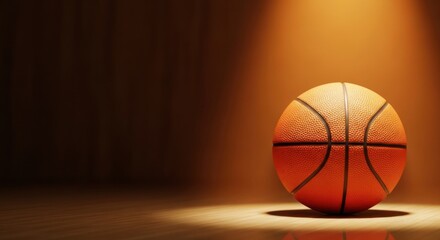 Fototapeta premium Basketball ball on a wooden floor with spotlight in a dark background
