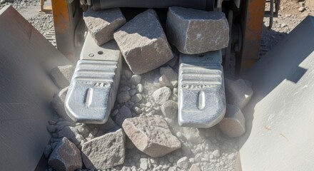 Overhead view of heavy-duty rock crusher jaws breaking granite stones into aggregate, creating dust in a sunny quarry or construction site.