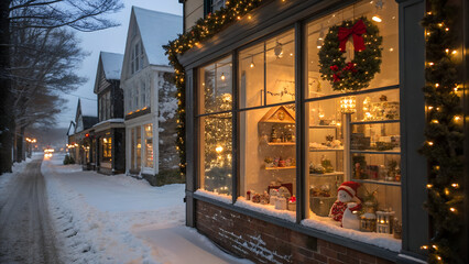 A snowy street scene with christmas decorations adorning the storefronts and houses on a winter evening