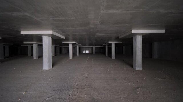 Empty underground concrete parking with support columns