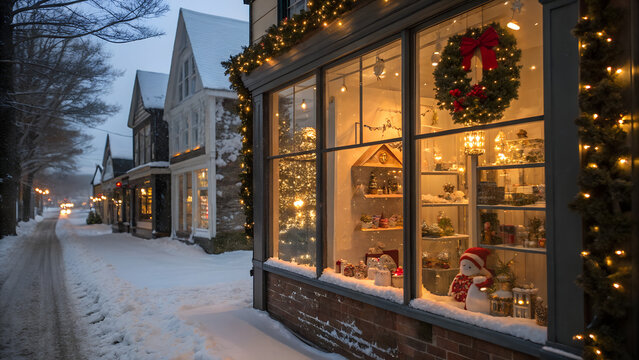 A snowy street scene with christmas decorations adorning the storefronts and houses on a winter evening