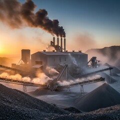 Industrial aggregate plant at sunrise, showing conveyor belts, crushers, and smoke-emitting stacks amidst piles of crushed stone, highlighting industrial scale and environmental aspects.
