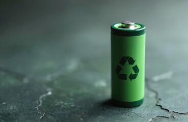 Green battery with recycling symbol sits on textured surface. Power source promotes eco-friendly practices for battery reuse and sustainable energy. Circular economy concept.