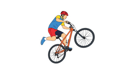 Fototapeta premium Dynamic Illustration of a Mountain Biker Performing a Wheelie on a Trail, Emphasizing Skill and Adventure, with a Clean White Background for