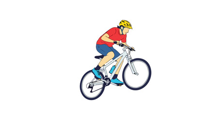 Stylized mountain biker illustration showcasing dynamic riding posture and vibrant color palette against a clean, stark white background,
