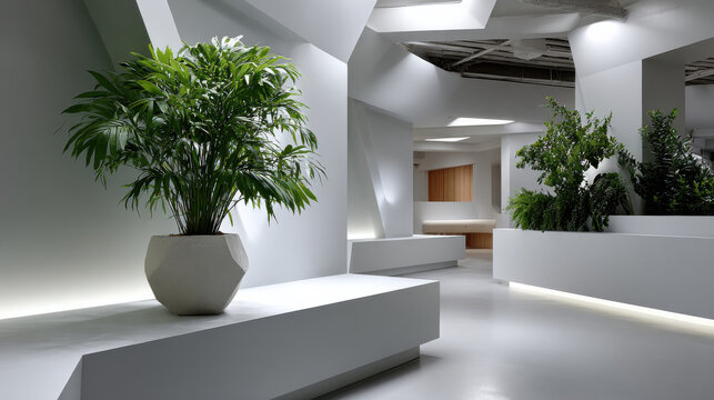 An artistic modern space featuring chic architectural shapes complemented by lush indoor plants, creating a clean and serene environment that promotes creativity and innovation.