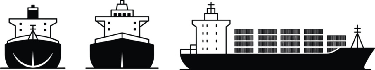 Cargo ship illustration, front and side view, black and white silhouette, maritime transport, container vessel, bulk carrier, logistics, shipping industry, ocean freight, nautical graphic